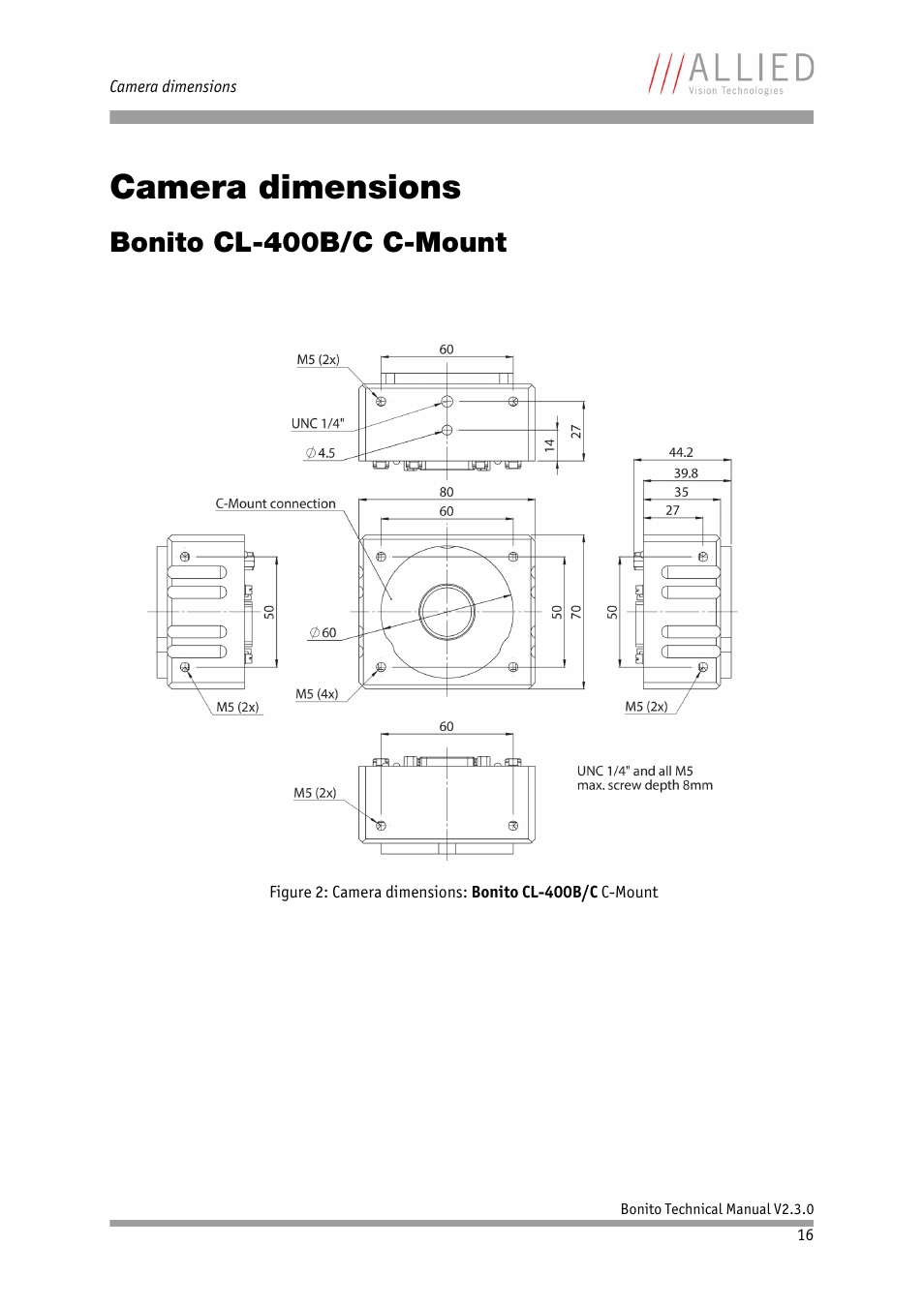 Camera dimensions, Bonito cl-400b/c c-mount, Bonito cl-400b/c | Chapter | ALLIED Vision Technologies Bonito CL-400 200 fps User Manual | Page 16 / 80