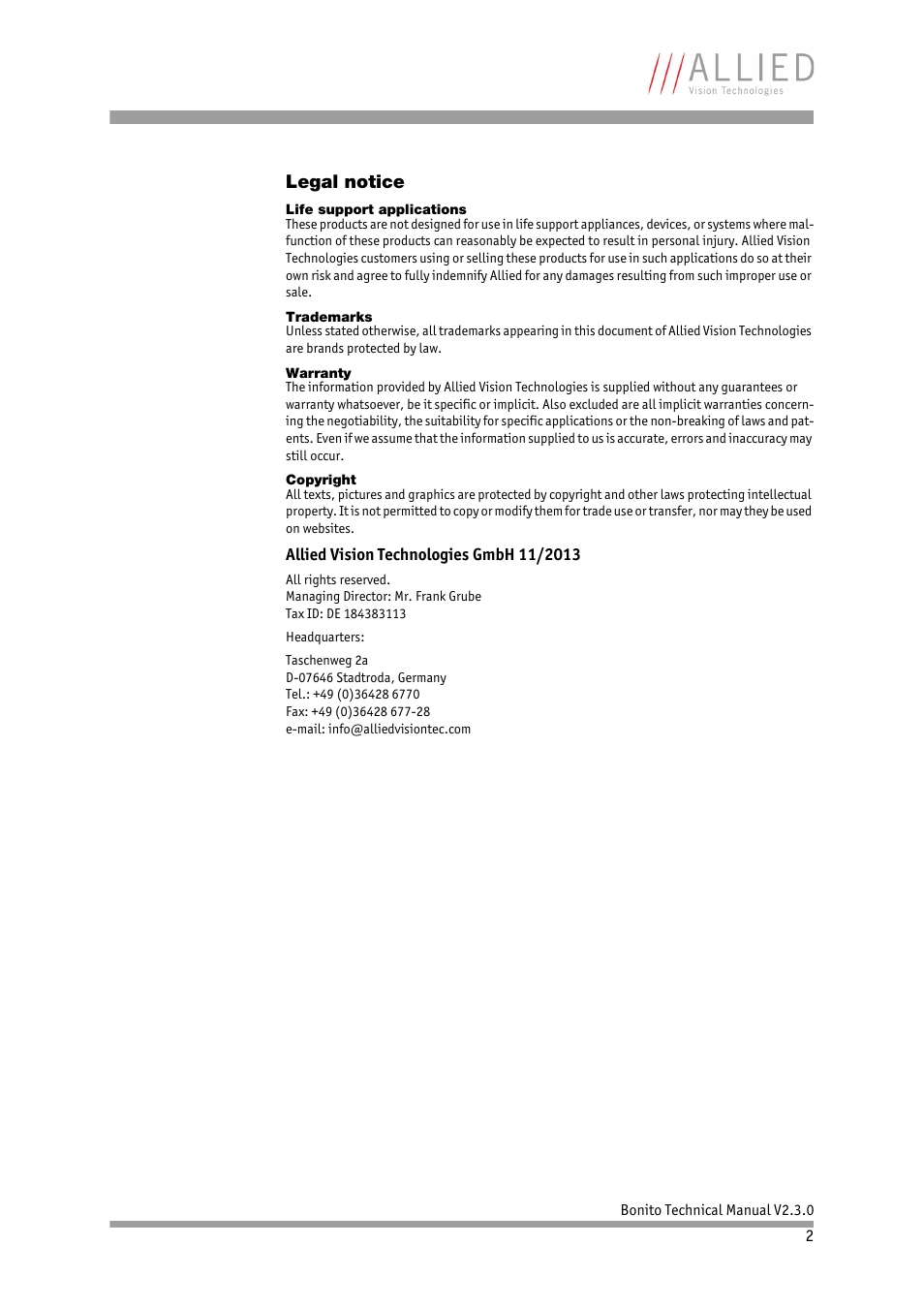 Legal notice | ALLIED Vision Technologies Bonito CL-400 200 fps User Manual | Page 2 / 80