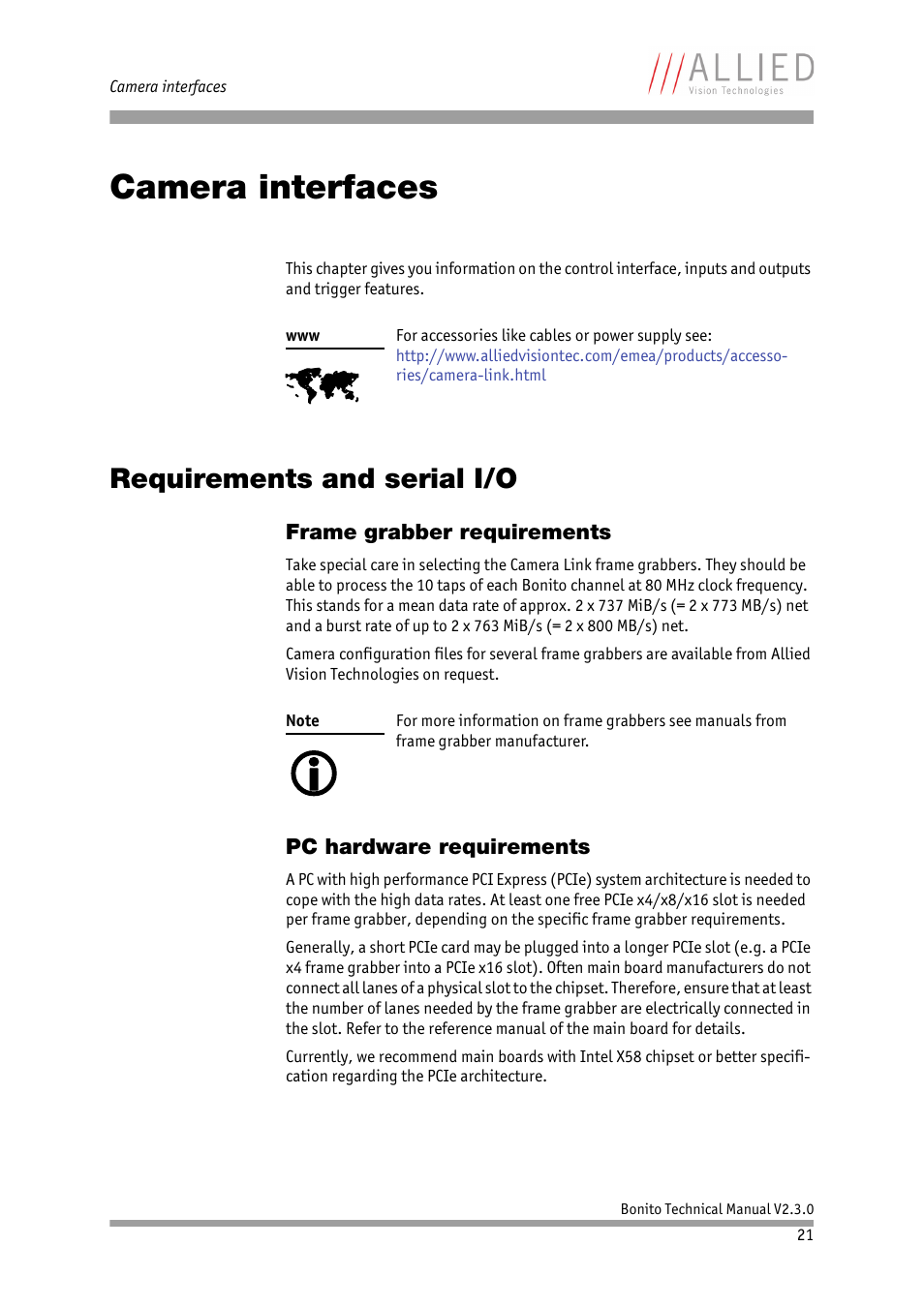 Camera interfaces, Requirements and serial i/o, Frame grabber requirements | Pc hardware requirements, E chapter, Era interfaces, Chapter | ALLIED Vision Technologies Bonito CL-400 200 fps User Manual | Page 21 / 80