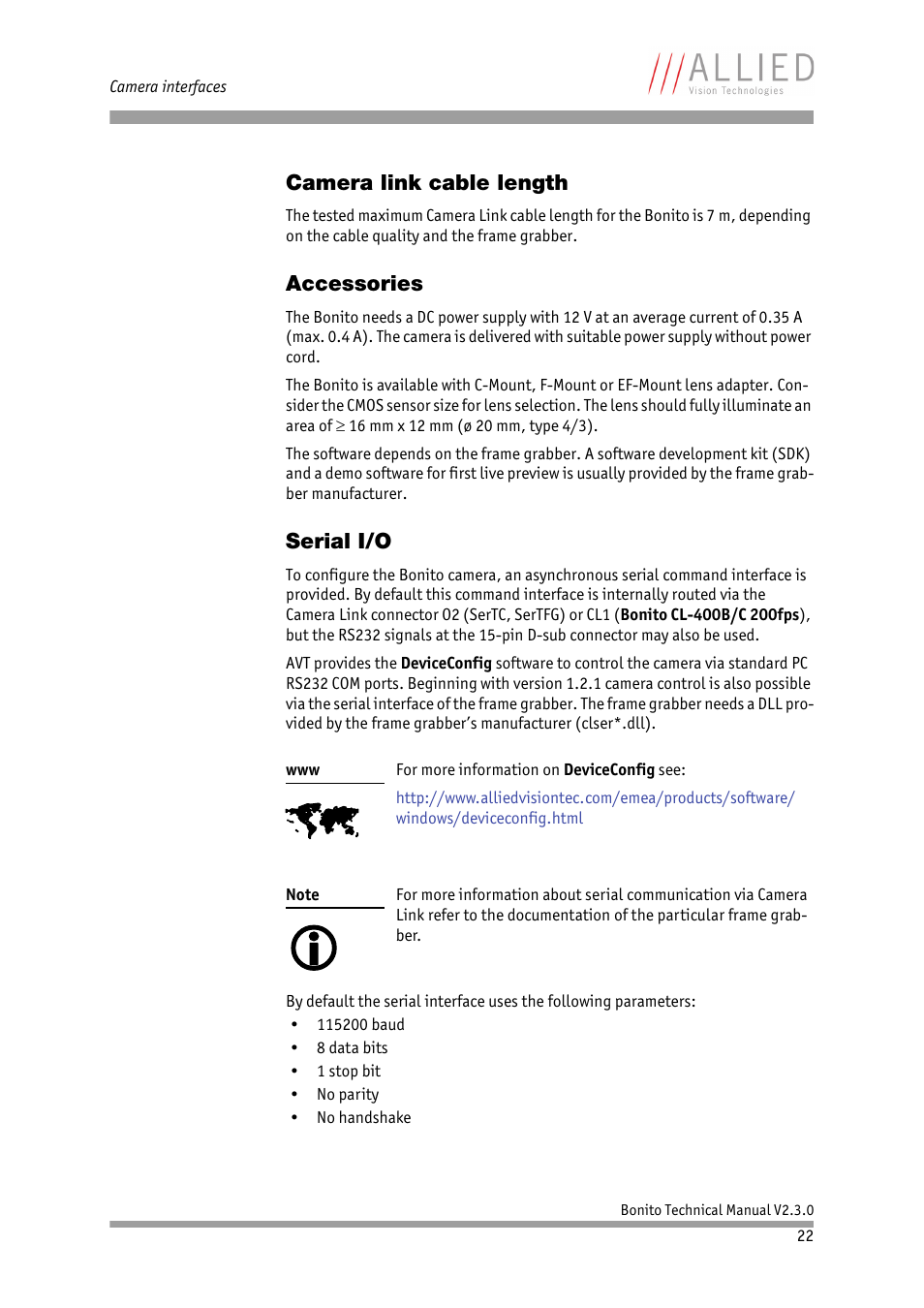 Camera link cable length, Accessories, Serial i/o | Camera link cable length accessories serial i/o, Chapter | ALLIED Vision Technologies Bonito CL-400 200 fps User Manual | Page 22 / 80