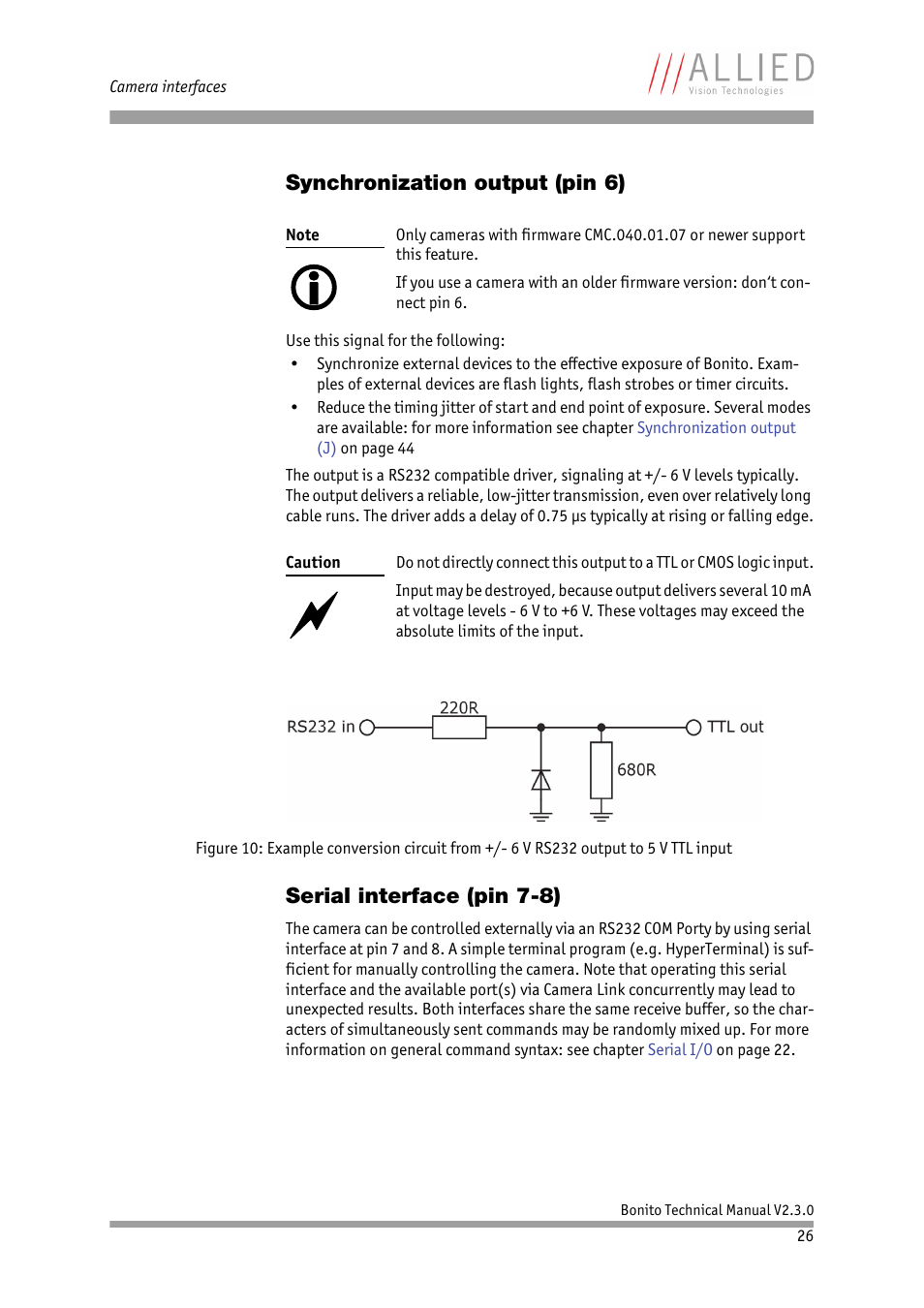 Synchronization output (pin 6), Serial interface (pin 7-8), Chapter | Figure 10: example conversion, Circuit from +/- 6 v rs232 output to 5 v ttl input | ALLIED Vision Technologies Bonito CL-400 200 fps User Manual | Page 26 / 80