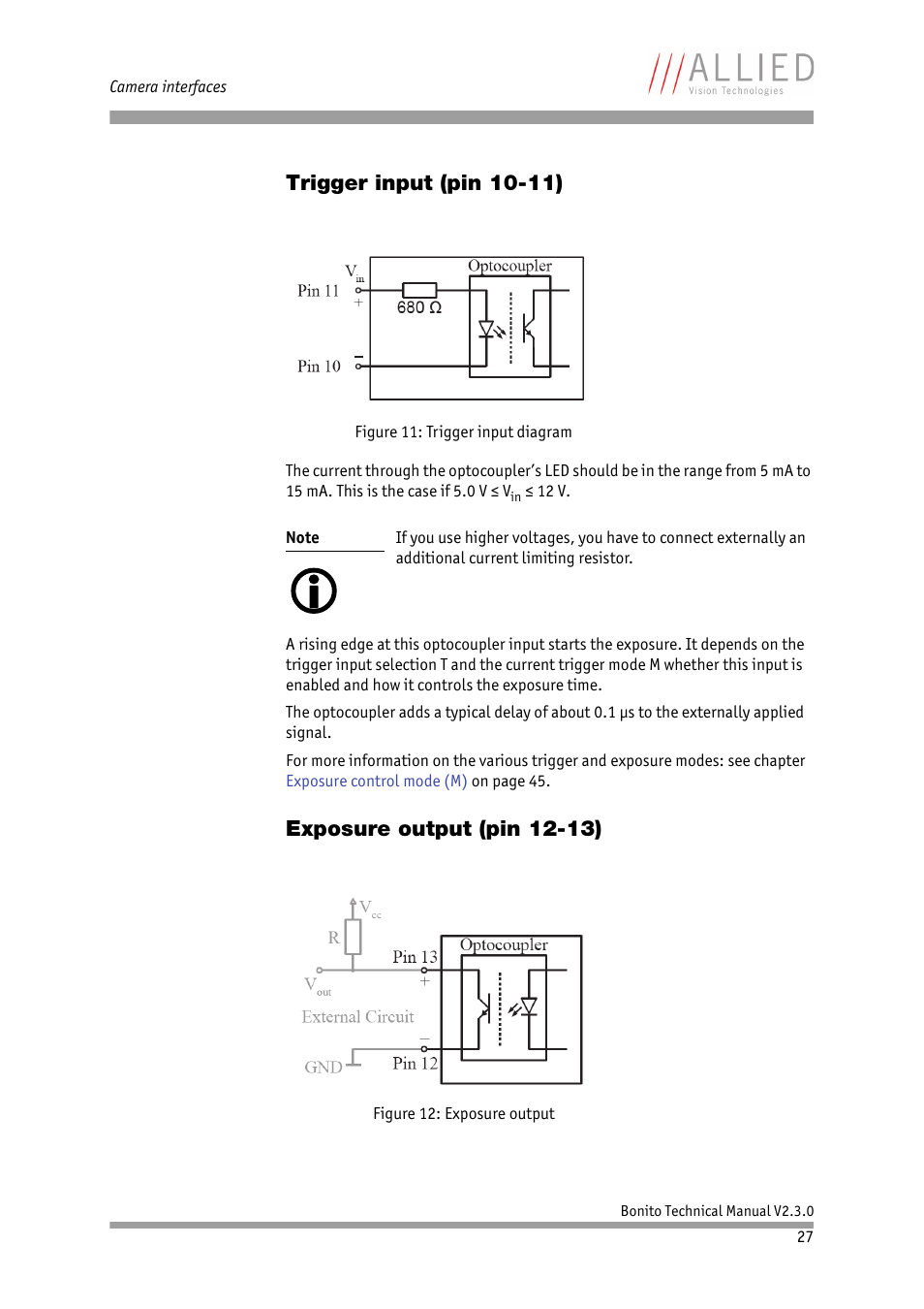 Trigger input (pin 10-11), Exposure output (pin 12-13), N chapter | ALLIED Vision Technologies Bonito CL-400 200 fps User Manual | Page 27 / 80