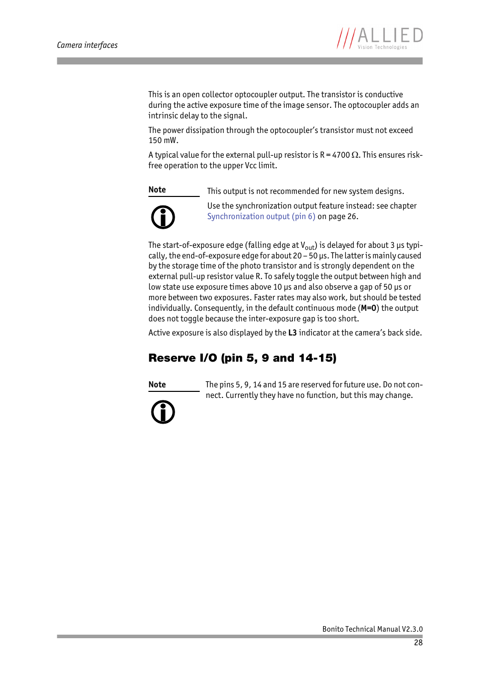 Reserve i/o (pin 5, 9 and 14-15), Chapter, Reserve i/o | Pin 5, 9 and 14-15), Note, This output is not recommended for new system, Designs | ALLIED Vision Technologies Bonito CL-400 200 fps User Manual | Page 28 / 80