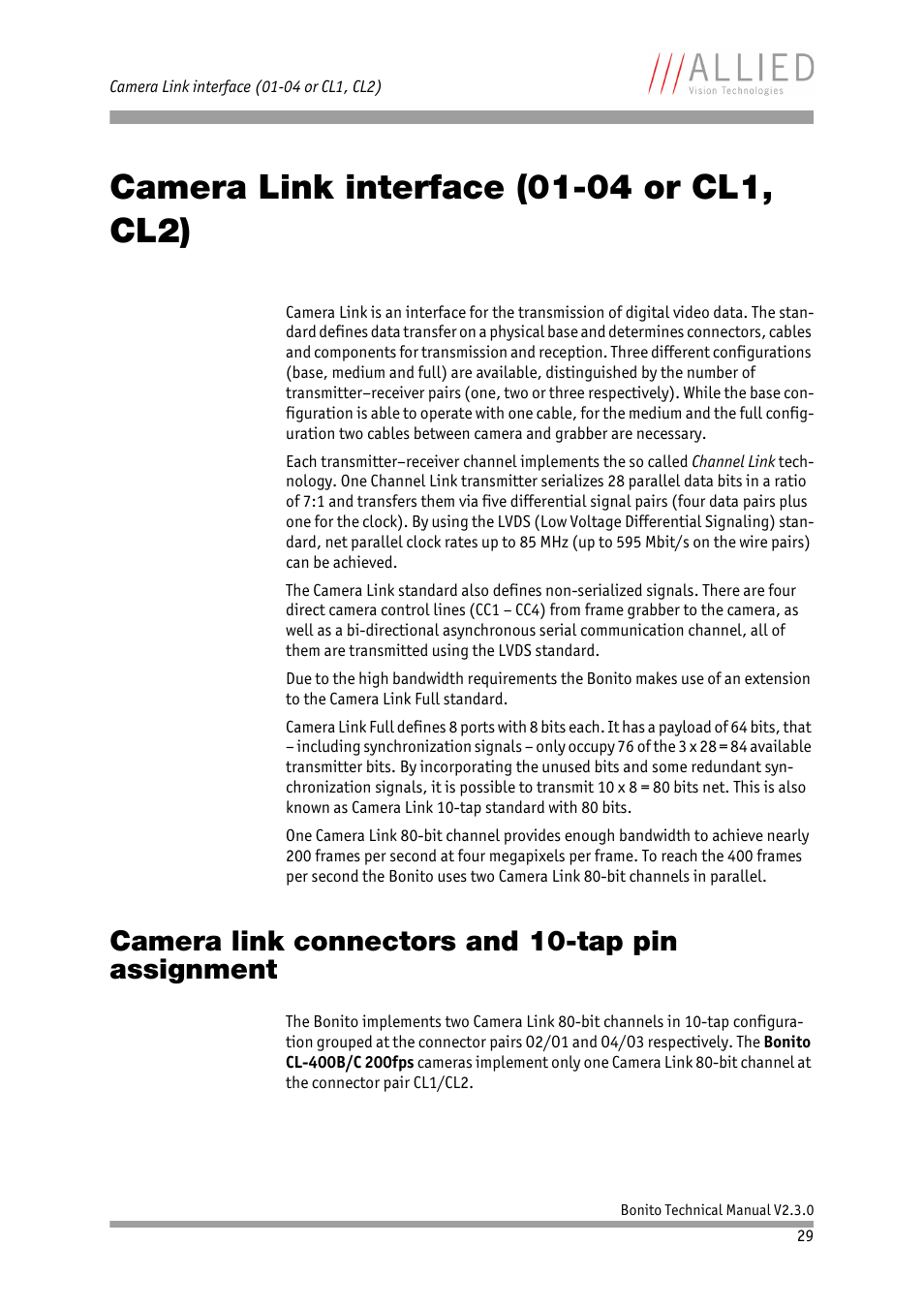 Camera link interface (01-04 or cl1, cl2), Camera link connectors and 10-tap pin assignment, Chapter | Camera link connectors and 10-tap pin assign, Ment | ALLIED Vision Technologies Bonito CL-400 200 fps User Manual | Page 29 / 80