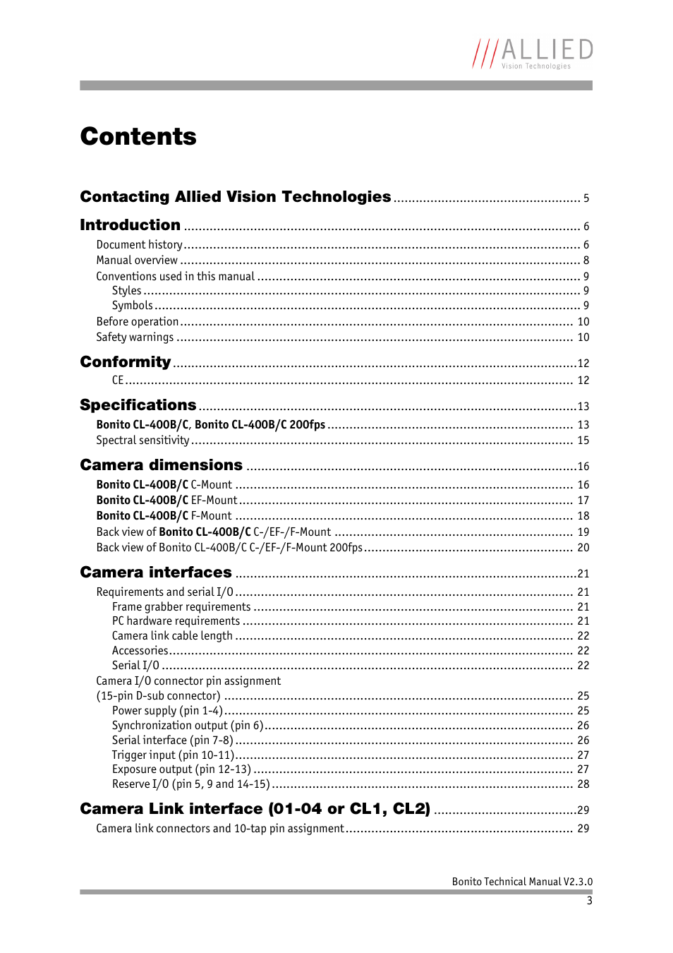 ALLIED Vision Technologies Bonito CL-400 200 fps User Manual | Page 3 / 80