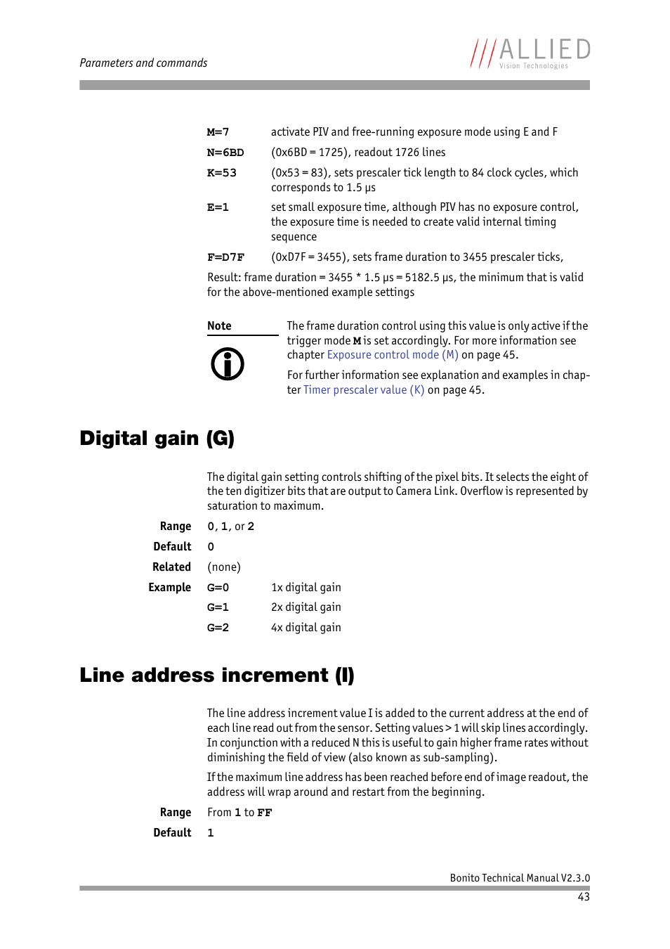 Digital gain (g), Line address increment (i), Digital gain (g) line address increment (i) | ALLIED Vision Technologies Bonito CL-400 200 fps User Manual | Page 43 / 80