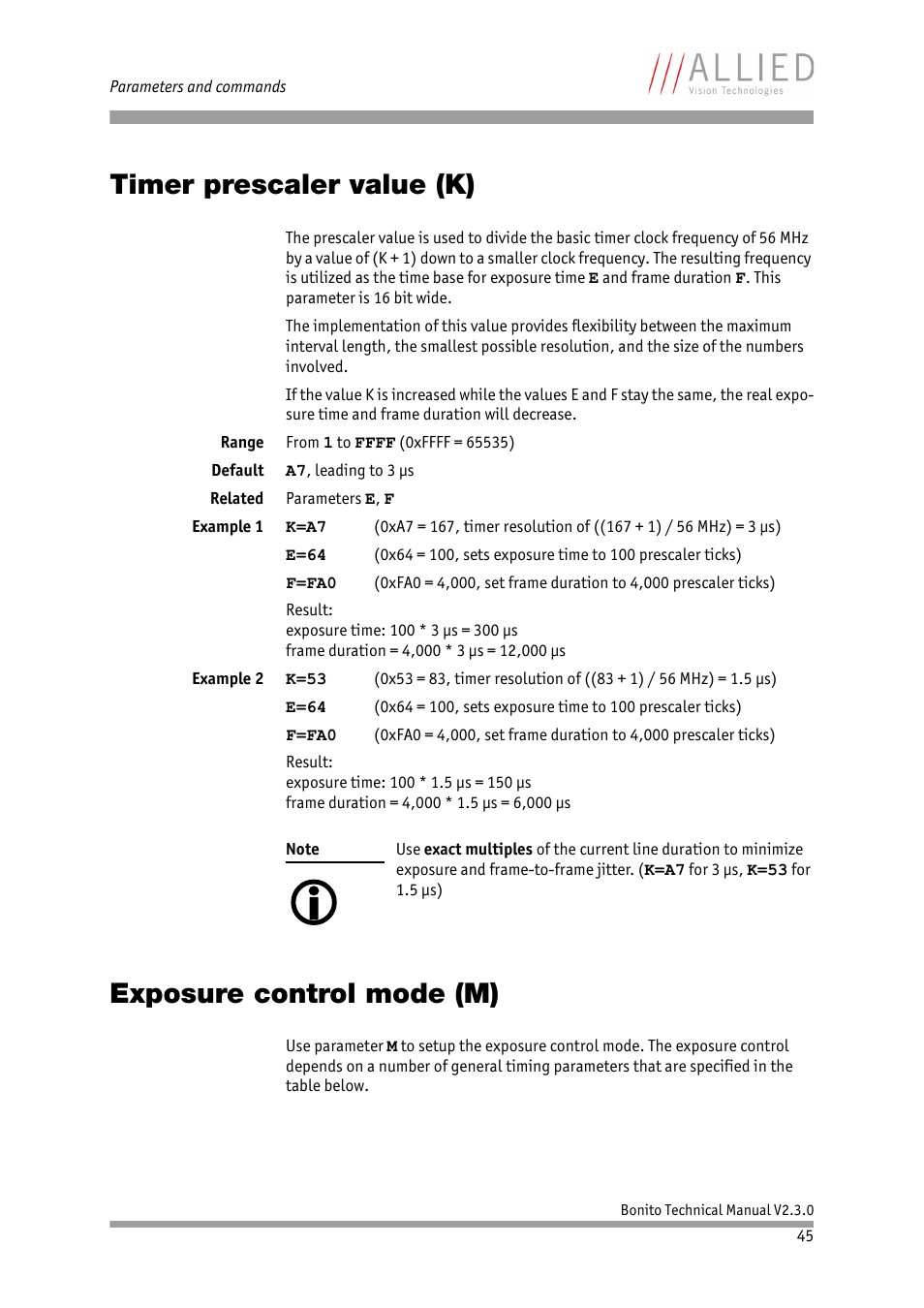 Timer prescaler value (k), Exposure control mode (m), Chapter | See chapter, Modes: see chapter, Information see chapter, Timer prescaler value, Ples in chap- ter | ALLIED Vision Technologies Bonito CL-400 200 fps User Manual | Page 45 / 80