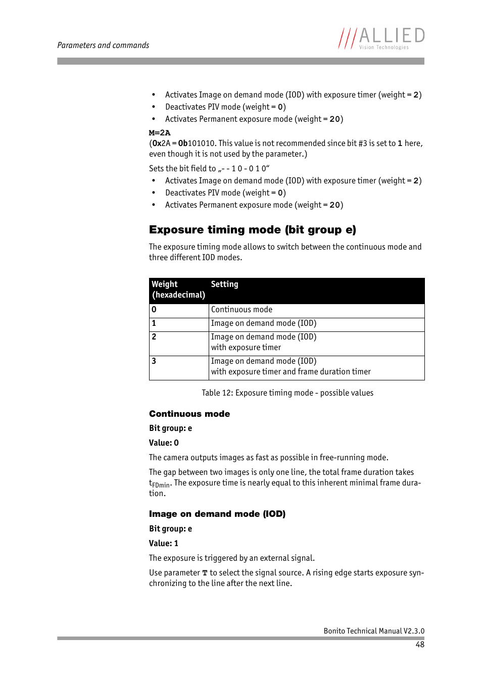 Exposure timing mode (bit group e), Continuous mode, Image on demand mode (iod) | ALLIED Vision Technologies Bonito CL-400 200 fps User Manual | Page 48 / 80