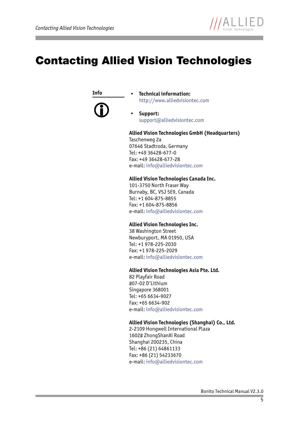 Contacting allied vision technologies | ALLIED Vision Technologies Bonito CL-400 200 fps User Manual | Page 5 / 80