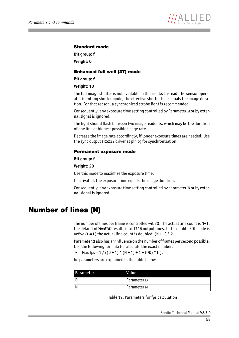 Standard mode, Enhanced full well (3t) mode, Permanent exposure mode | Number of lines (n), Chapter | ALLIED Vision Technologies Bonito CL-400 200 fps User Manual | Page 58 / 80