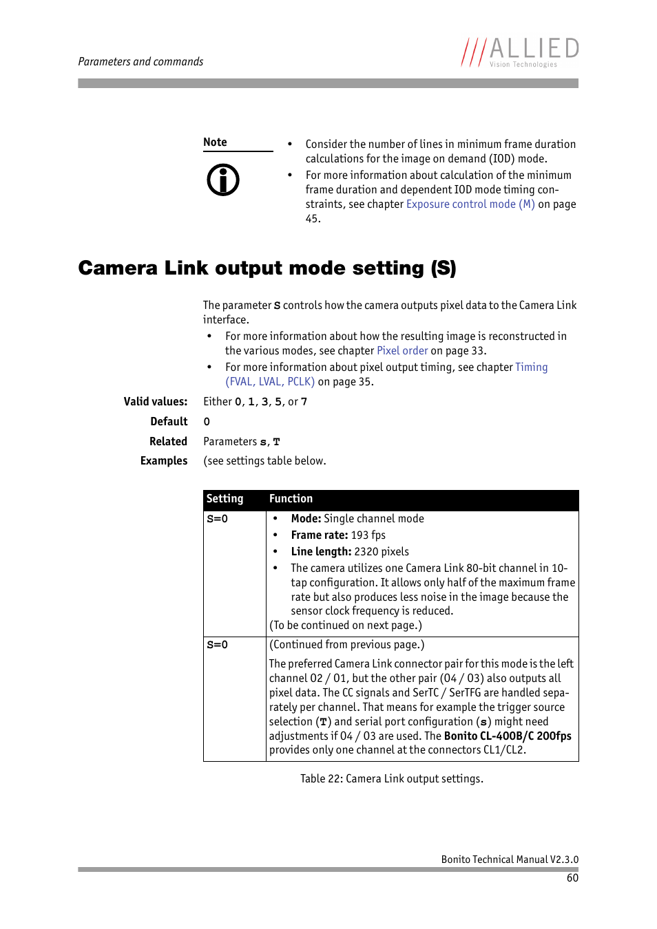 Camera link output mode setting (s), Chapter, Camera link output mode | Setting (s) | ALLIED Vision Technologies Bonito CL-400 200 fps User Manual | Page 60 / 80