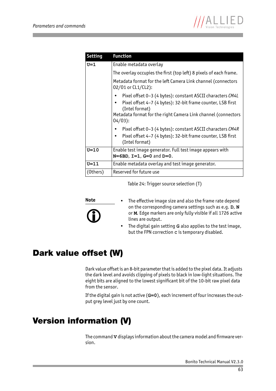 Dark value offset (w), Version information (v), Dark value offset (w) version information (v) | ALLIED Vision Technologies Bonito CL-400 200 fps User Manual | Page 63 / 80