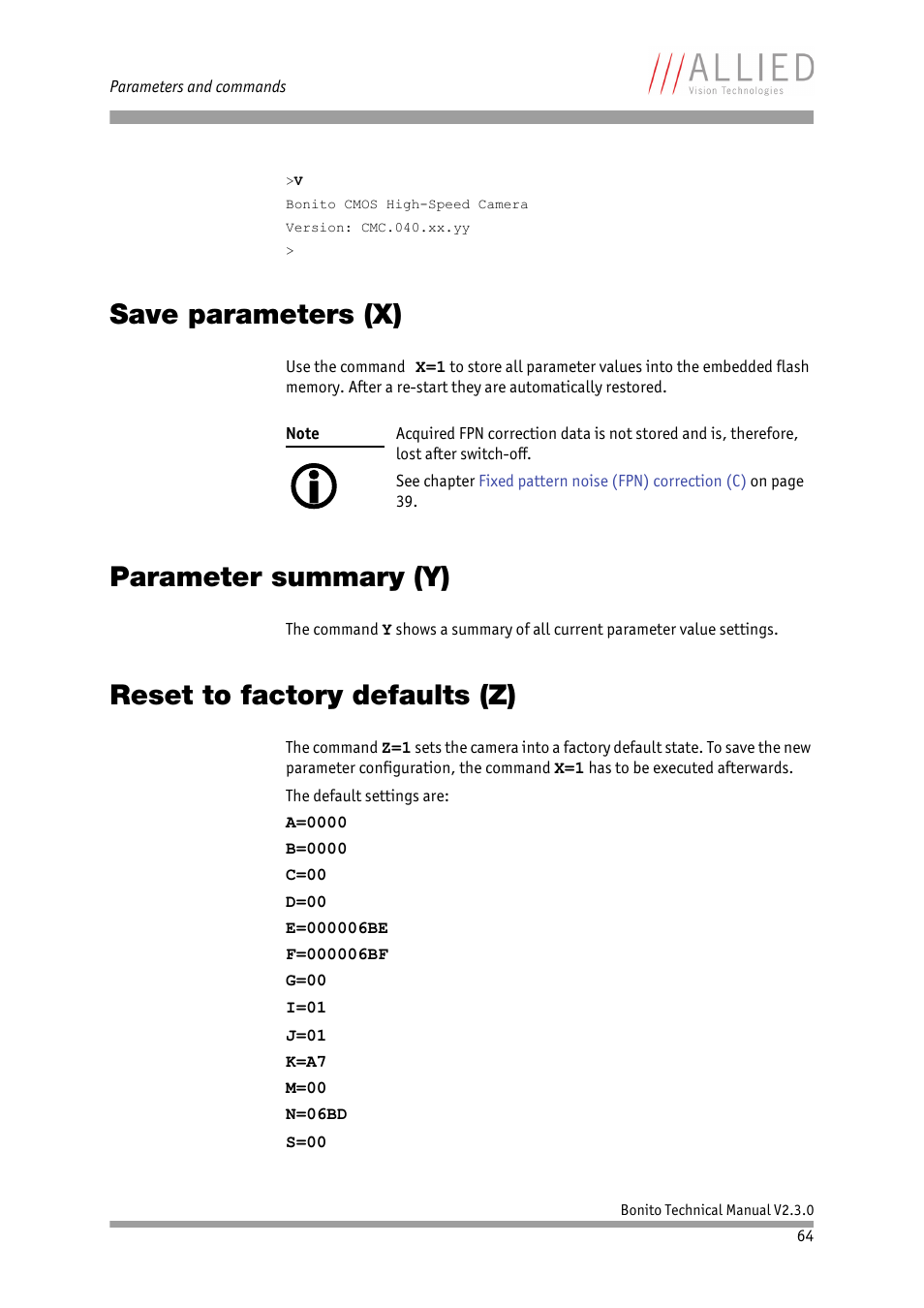 Save parameters (x), Parameter summary (y), Reset to factory defaults (z) | N chapter | ALLIED Vision Technologies Bonito CL-400 200 fps User Manual | Page 64 / 80