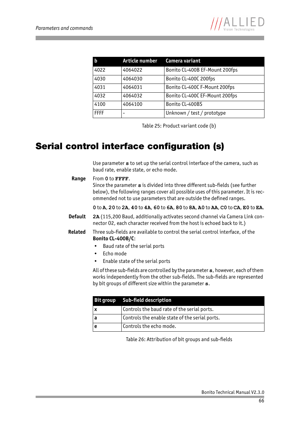 Serial control interface configuration (s), See chapter | ALLIED Vision Technologies Bonito CL-400 200 fps User Manual | Page 66 / 80
