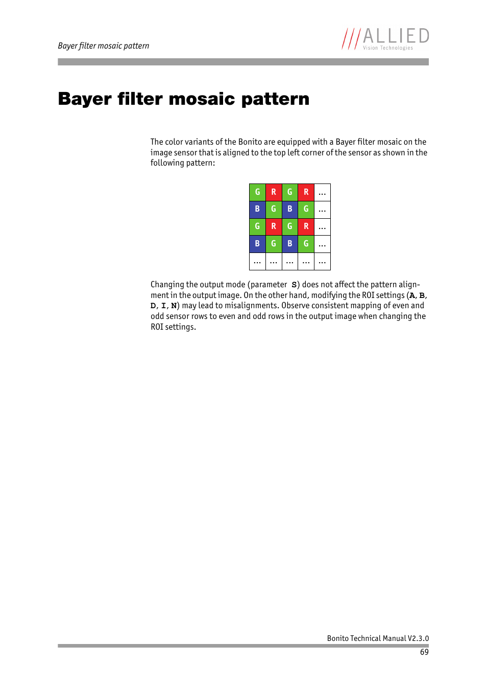 Bayer filter mosaic pattern | ALLIED Vision Technologies Bonito CL-400 200 fps User Manual | Page 69 / 80