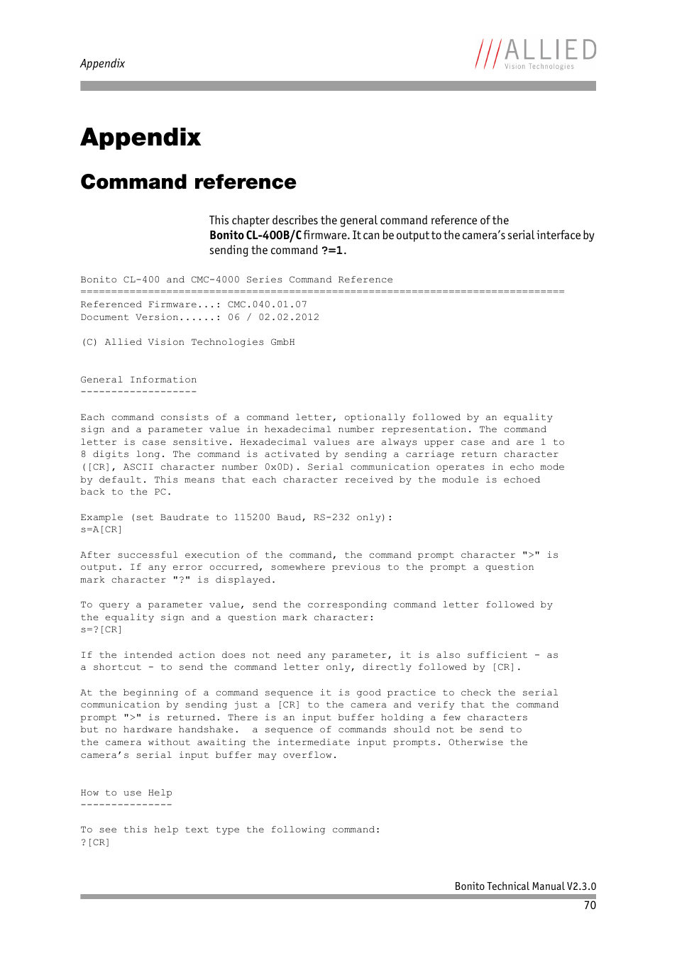 Appendix, Command reference, Ption in chapter | Dded new chapter | ALLIED Vision Technologies Bonito CL-400 200 fps User Manual | Page 70 / 80