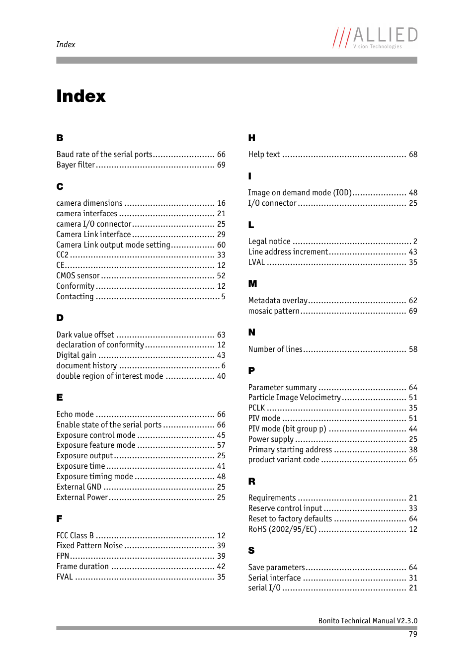 Index, Chapter | ALLIED Vision Technologies Bonito CL-400 200 fps User Manual | Page 79 / 80