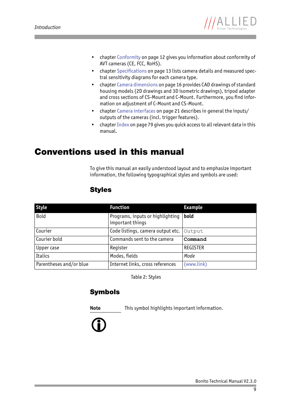 Conventions used in this manual, Styles, Symbols | Styles symbols | ALLIED Vision Technologies Bonito CL-400 200 fps User Manual | Page 9 / 80