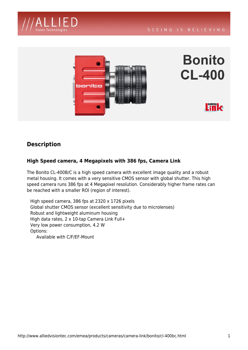 ALLIED Vision Technologies Bonito CL-400 User Manual | 4 pages