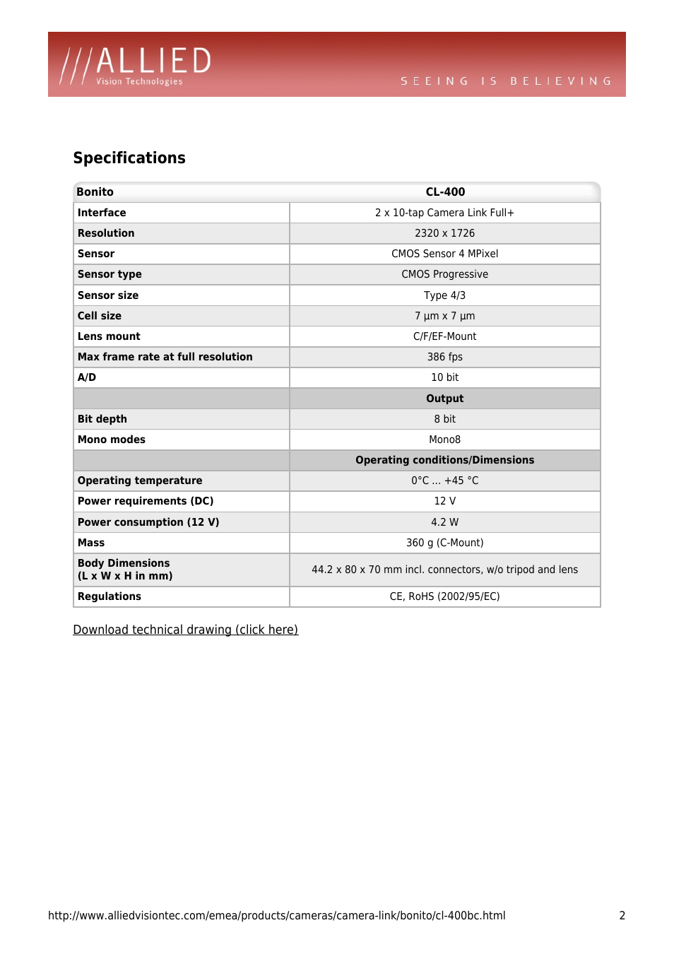 Specifications | ALLIED Vision Technologies Bonito CL-400 User Manual | Page 2 / 4