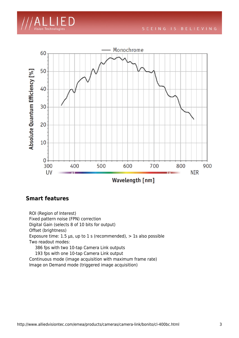 Smart features, Roi (region of interest), Fixed pattern noise (fpn) correction | Digital gain (selects 8 of 10 bits for output), Offset (brightness), Two readout modes, Image on demand mode (triggered image acquisition) | ALLIED Vision Technologies Bonito CL-400 User Manual | Page 3 / 4