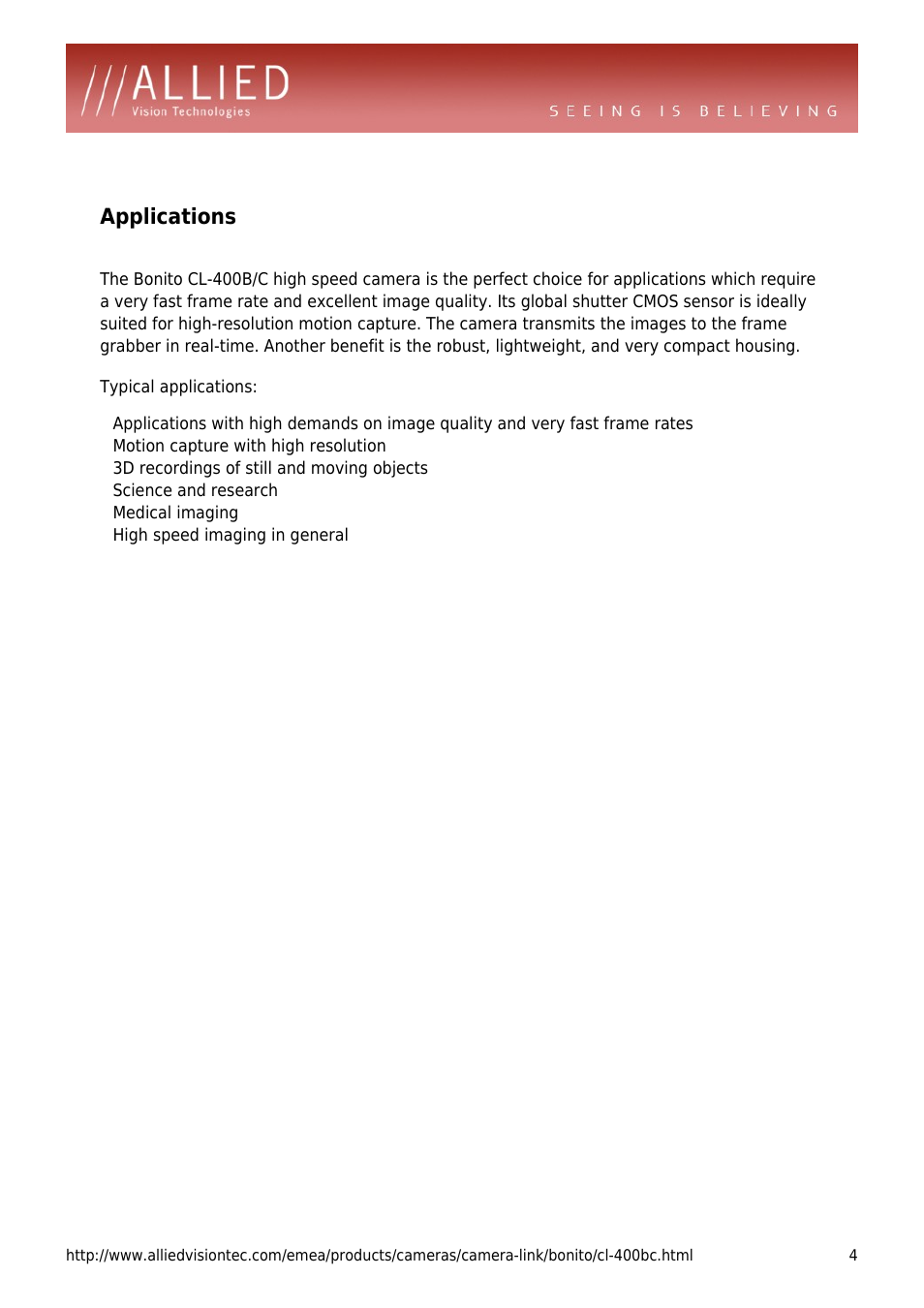 Applications | ALLIED Vision Technologies Bonito CL-400 User Manual | Page 4 / 4