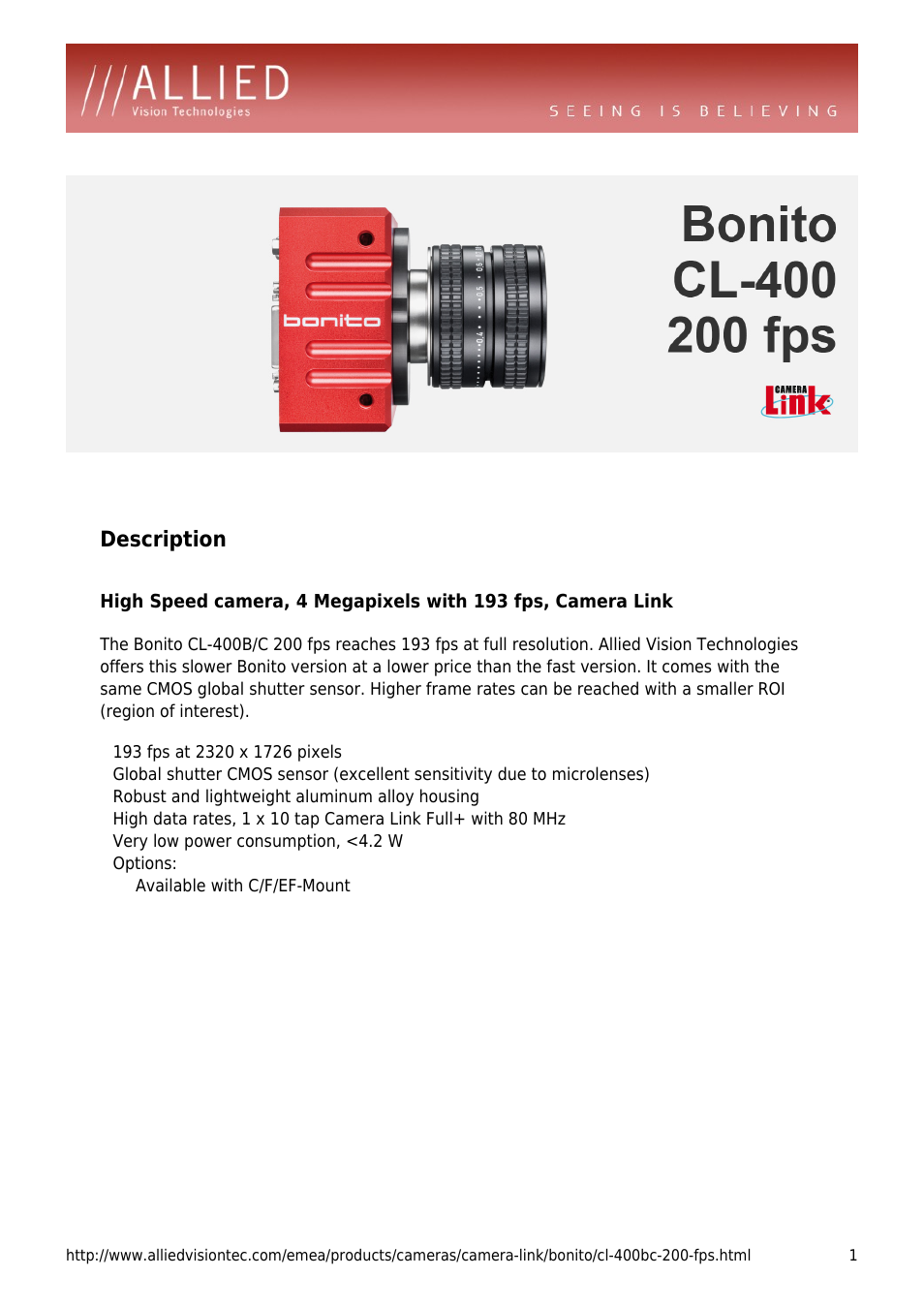 ALLIED Vision Technologies Bonito CL-400 200 fps User Manual | 4 pages