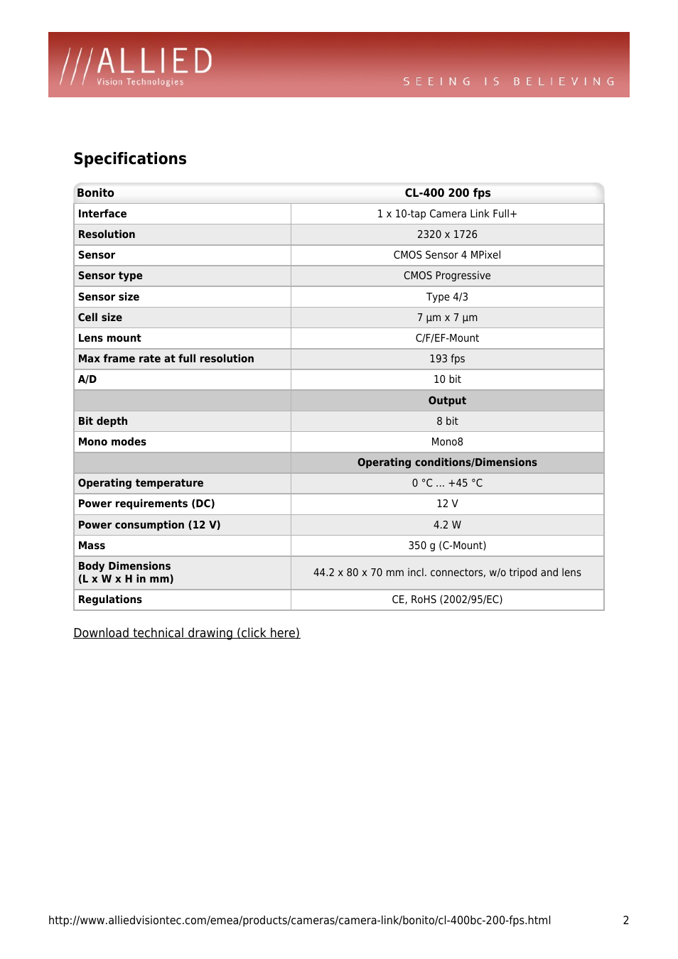 Specifications | ALLIED Vision Technologies Bonito CL-400 200 fps User Manual | Page 2 / 4