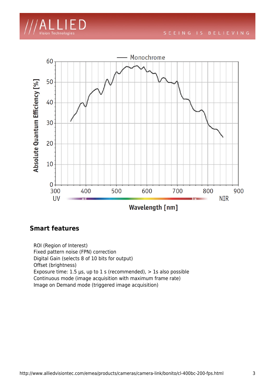 Smart features, Roi (region of interest), Fixed pattern noise (fpn) correction | Digital gain (selects 8 of 10 bits for output), Offset (brightness), Image on demand mode (triggered image acquisition) | ALLIED Vision Technologies Bonito CL-400 200 fps User Manual | Page 3 / 4