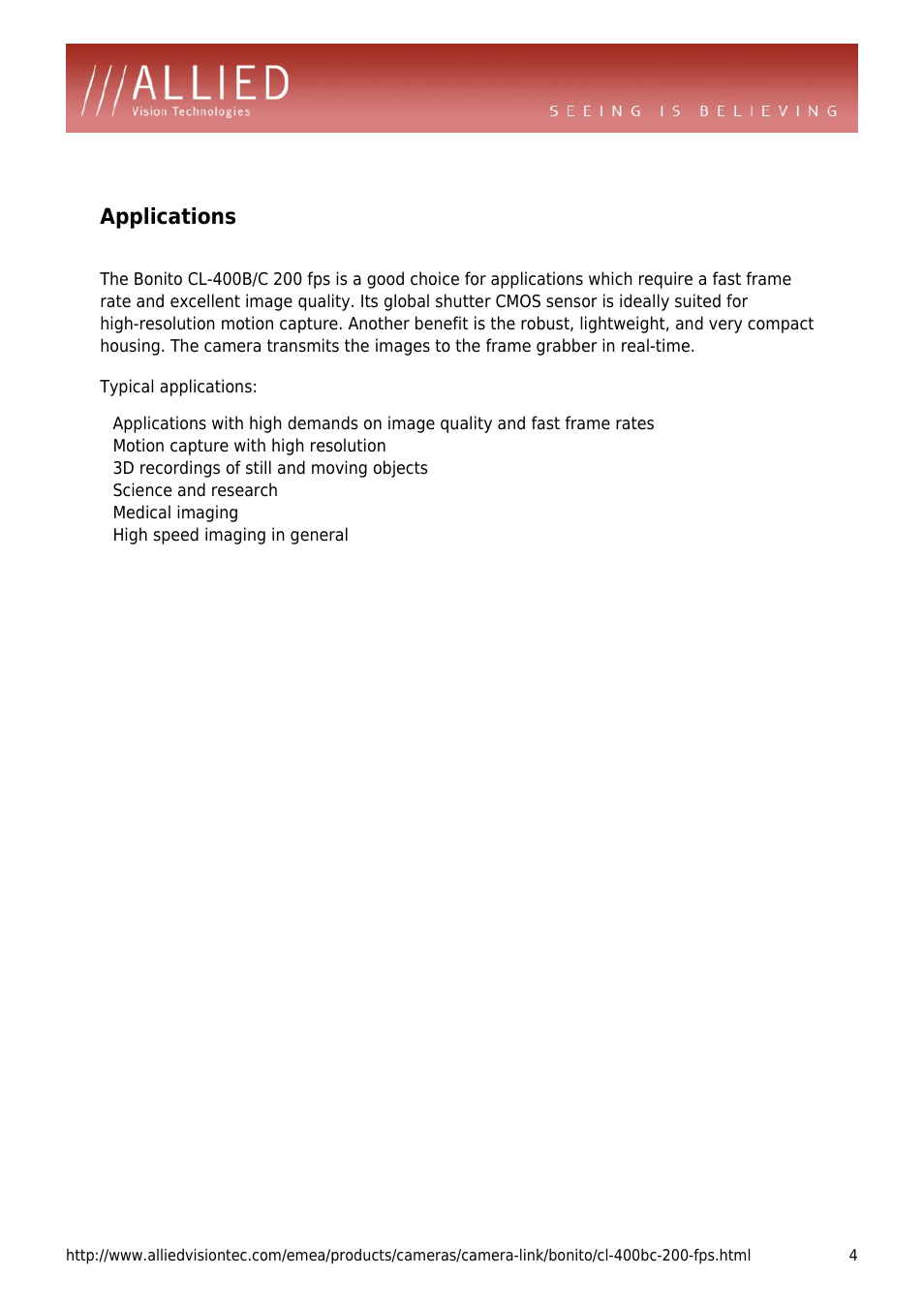 Applications | ALLIED Vision Technologies Bonito CL-400 200 fps User Manual | Page 4 / 4