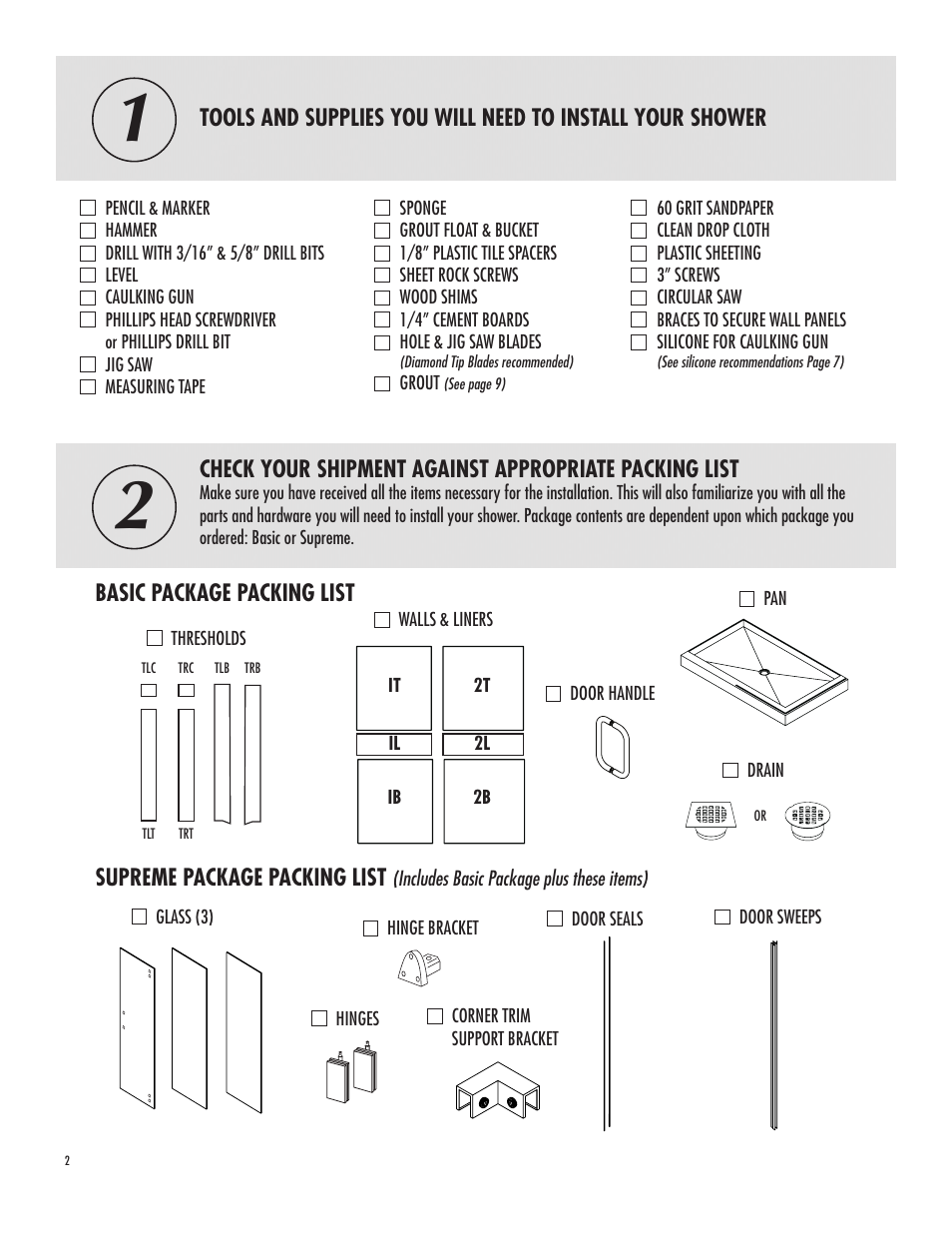 Basic package packing list, Supreme package packing list | American Bath Factory Double Supreme Carolina Shower User Manual | Page 2 / 10