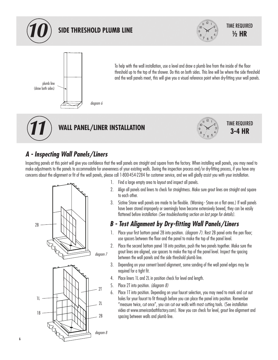 4 hr, Side threshold plumb line, Wall panel/liner installation | A - inspecting wall panels/liners | American Bath Factory Double Supreme Carolina Shower User Manual | Page 6 / 10