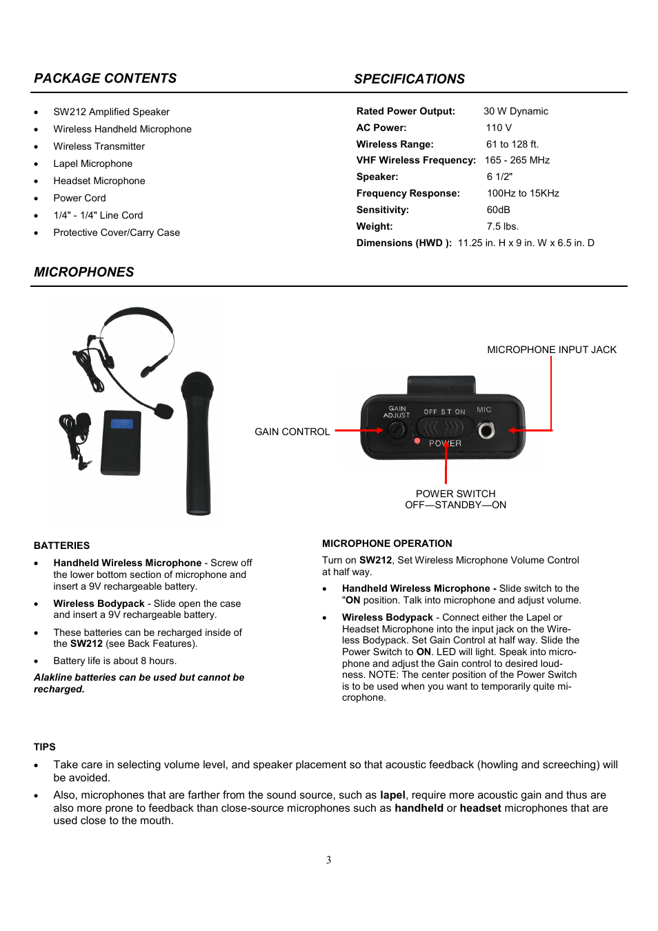 Package contents specifications, Microphones | AmpliVox SW212 User Manual | Page 3 / 7