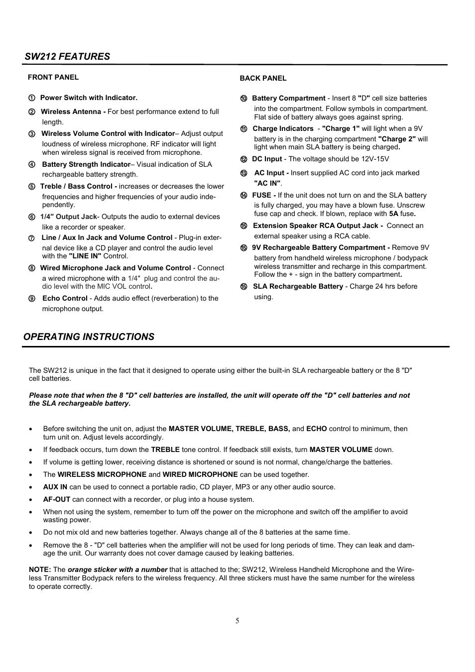 Sw212 features, Operating instructions | AmpliVox SW212 User Manual | Page 5 / 7