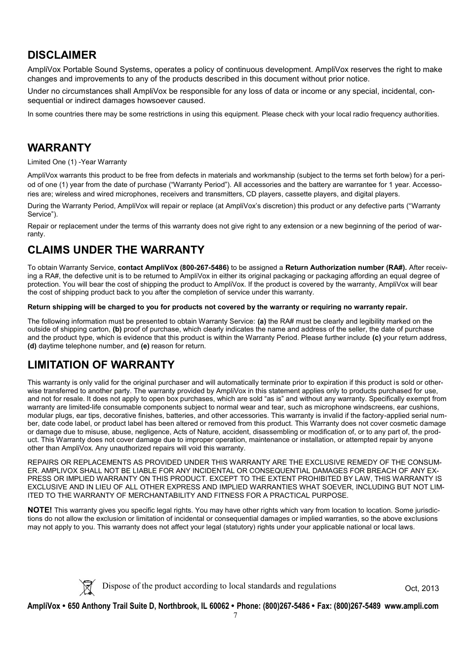 Disclaimer, Warranty, Claims under the warranty | Limitation of warranty | AmpliVox SW212 User Manual | Page 7 / 7