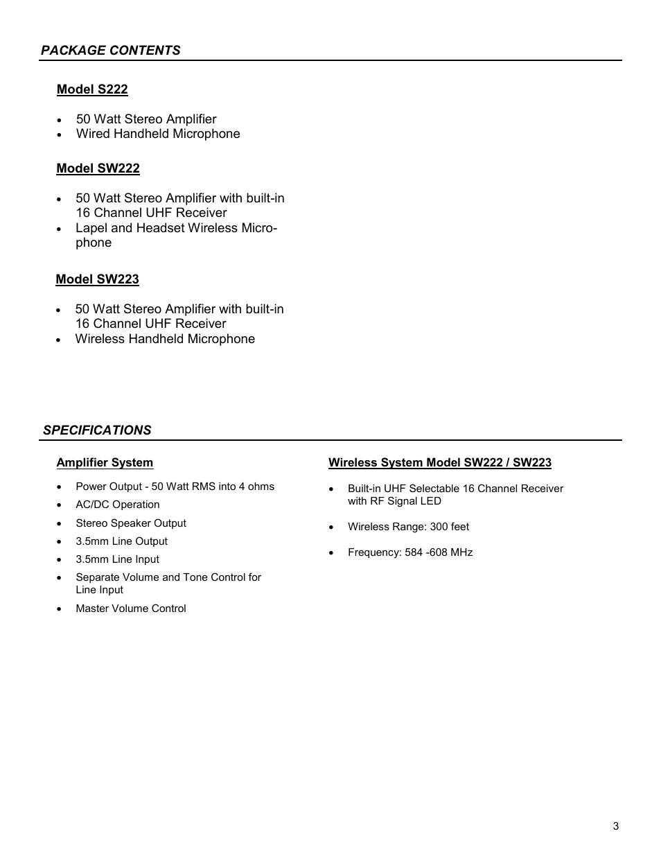 Model sw223, Wireless handheld microphone model s222, 50 watt stereo amplifier | Wired handheld microphone, Model sw222 | AmpliVox SW223 User Manual | Page 3 / 7