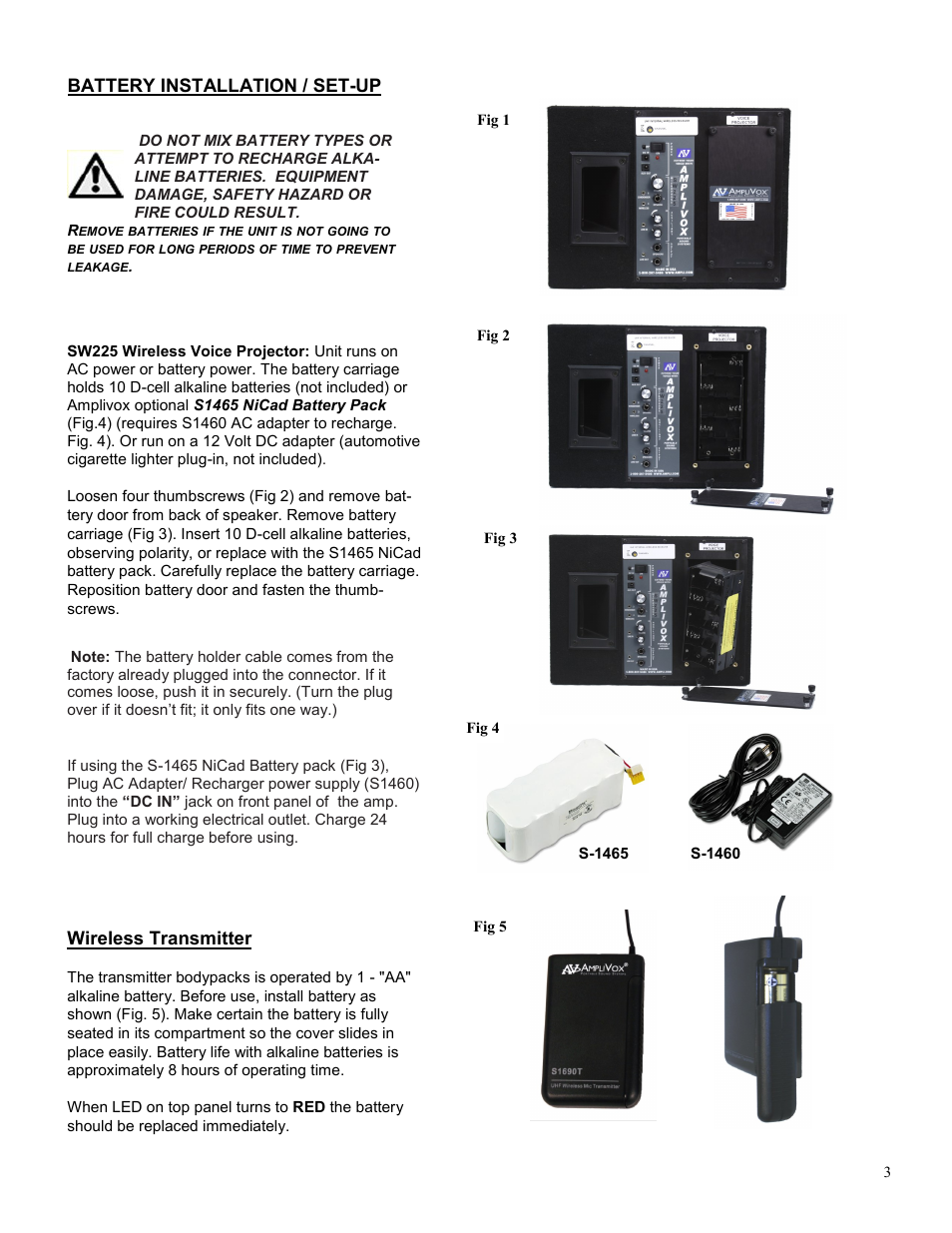 Wireless transmitter, Battery installation / set-up | AmpliVox SW225 User Manual | Page 3 / 6