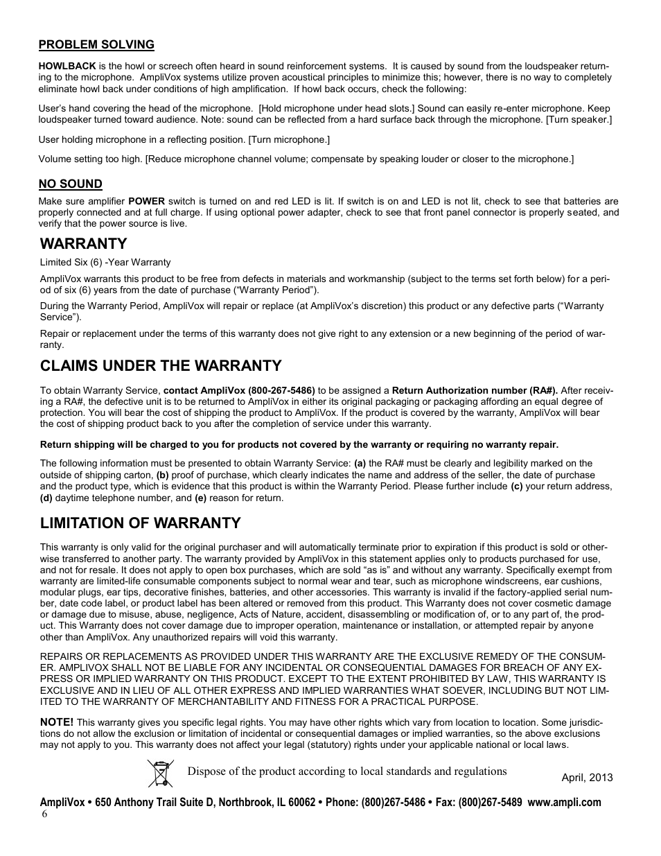Warranty, Claims under the warranty, Limitation of warranty | Problem solving, No sound | AmpliVox SW225 User Manual | Page 6 / 6
