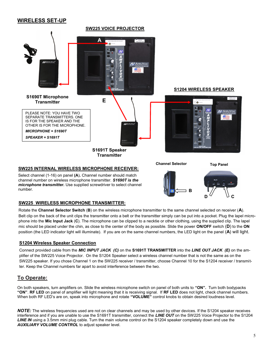 Eto operate, Wireless set-up | AmpliVox SW227 User Manual | Page 5 / 6