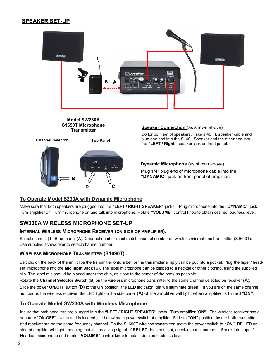 Speaker set-up, Sw230a wireless microphone set-up | AmpliVox SW230A User Manual | Page 6 / 7