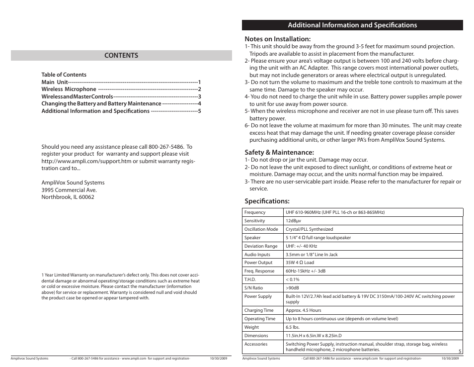 Contents additional information and specifications, Safety & maintenance, Specifications | AmpliVox SW300 User Manual | Page 2 / 4