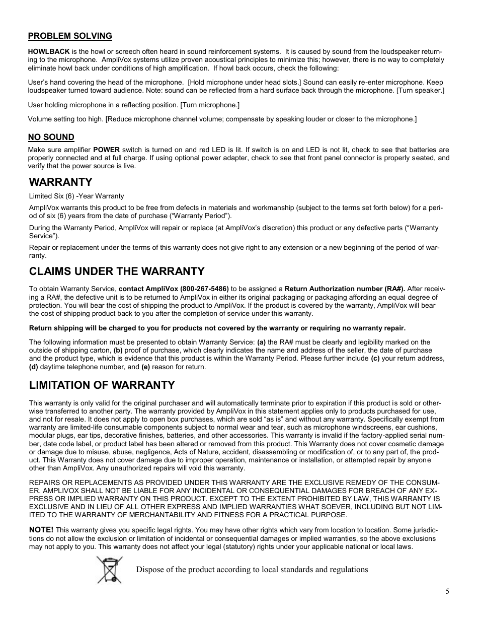 Warranty, Claims under the warranty, Limitation of warranty | Problem solving, No sound | AmpliVox SW314 User Manual | Page 5 / 6