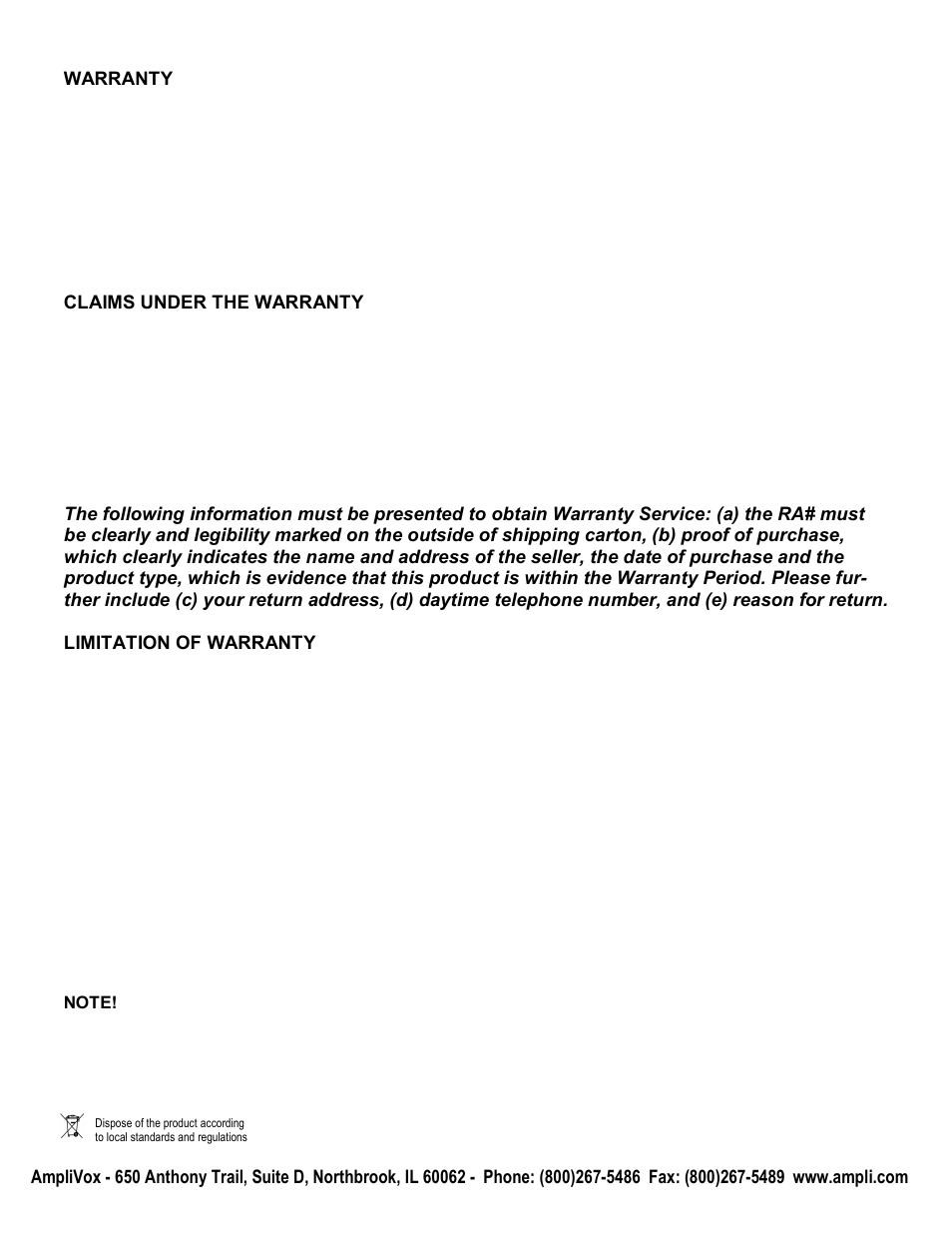 Warranty, Claims under the warranty | AmpliVox S601R User Manual | Page 2 / 2