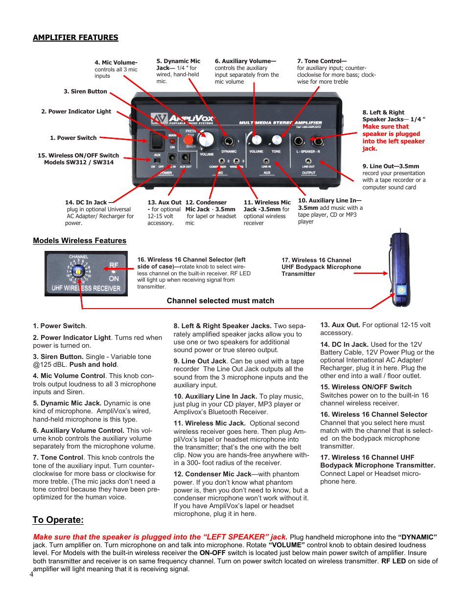 Models wireless features amplifier features | AmpliVox SW615A User Manual | Page 4 / 6