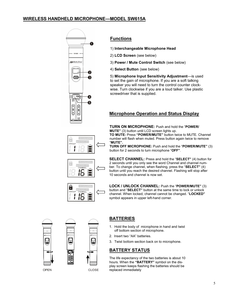 Functions, Wireless handheld microphone—model sw615a, Microphone operation and status display batteries | Battery status | AmpliVox SW615A User Manual | Page 5 / 6