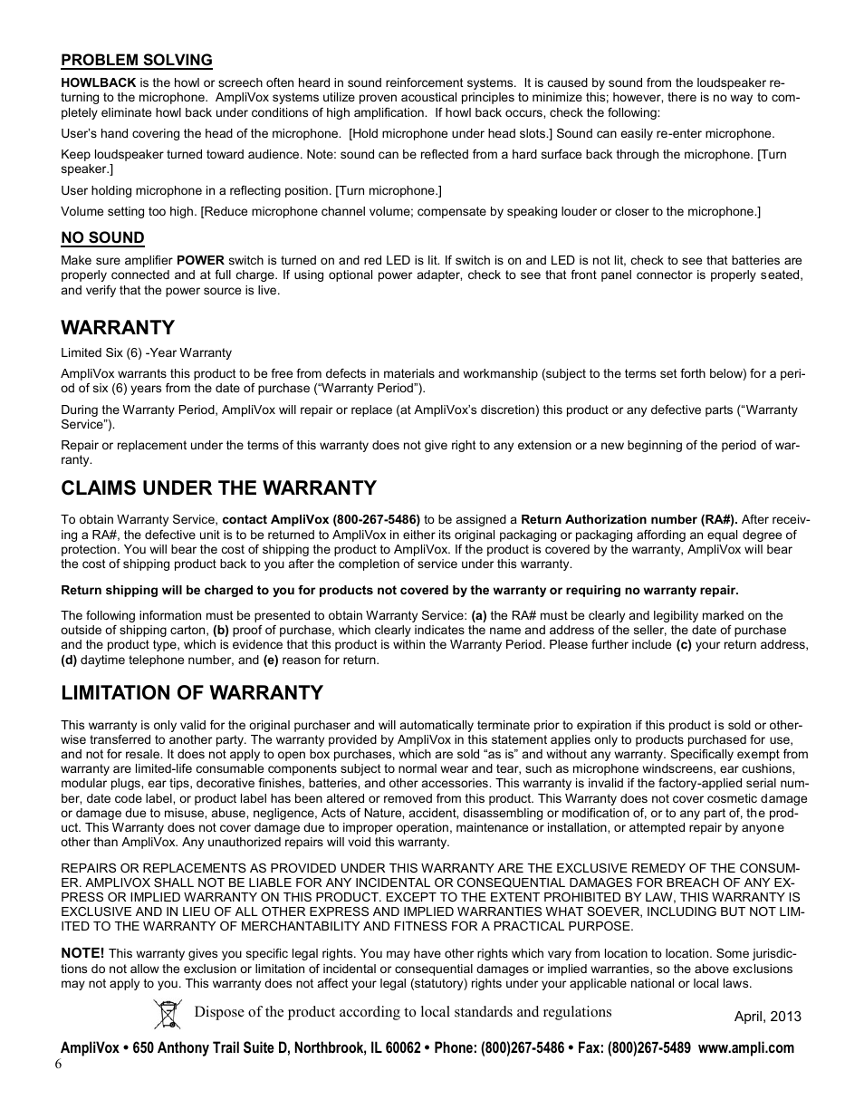 Warranty, Claims under the warranty, Limitation of warranty | Problem solving, No sound | AmpliVox SW615A User Manual | Page 6 / 6