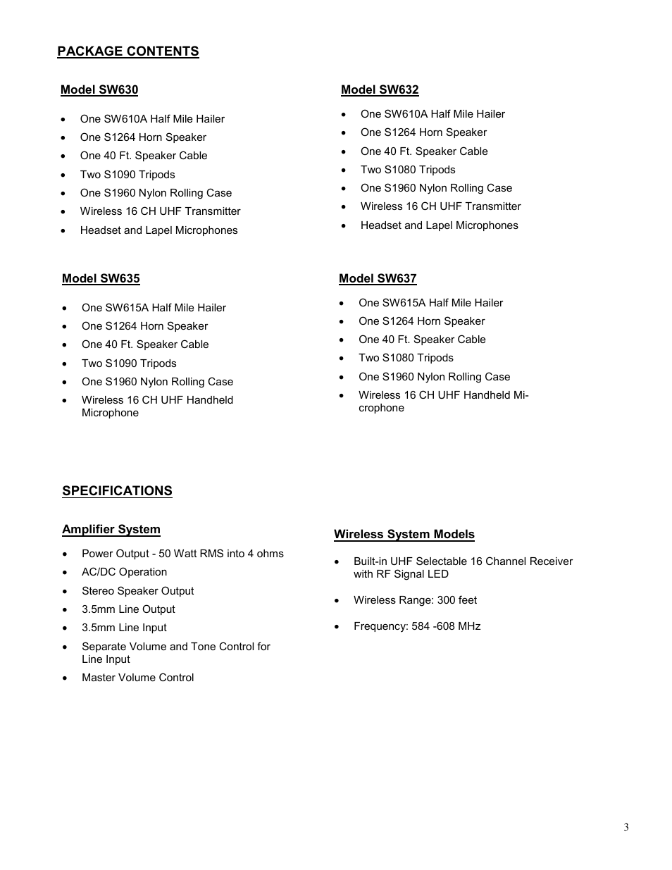 Package contents, Specifications, Model sw630 | Model sw632, Model sw635, Amplifier system, Wireless system models, Model sw637 | AmpliVox SW637 User Manual | Page 3 / 7