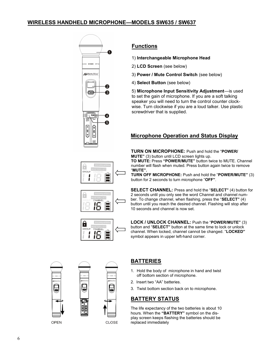 Functions, Microphone operation and status display batteries, Battery status | AmpliVox SW637 User Manual | Page 6 / 7