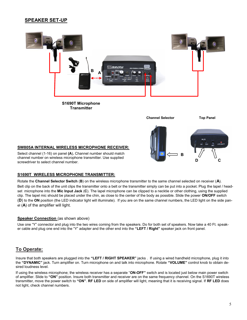 Speaker set-up to operate | AmpliVox SW662 User Manual | Page 5 / 6