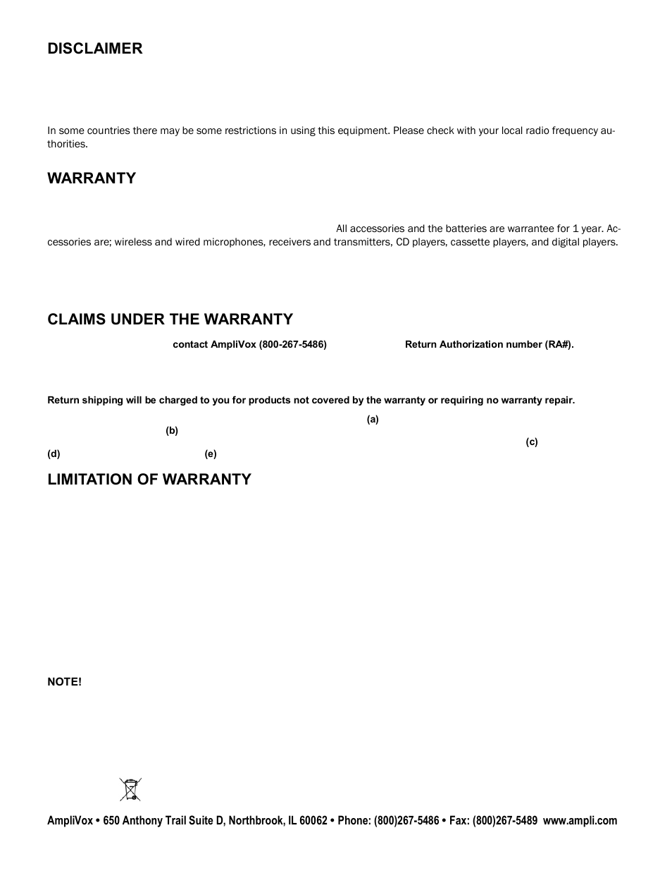 Disclaimer, Warranty, Claims under the warranty | Limitation of warranty | AmpliVox SW800 User Manual | Page 10 / 10